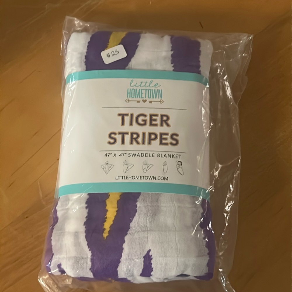 LITTLE HOMETOWN Tiger stripes LSU swaddle blanket 47” x 47” 
BAMBOO/cotton